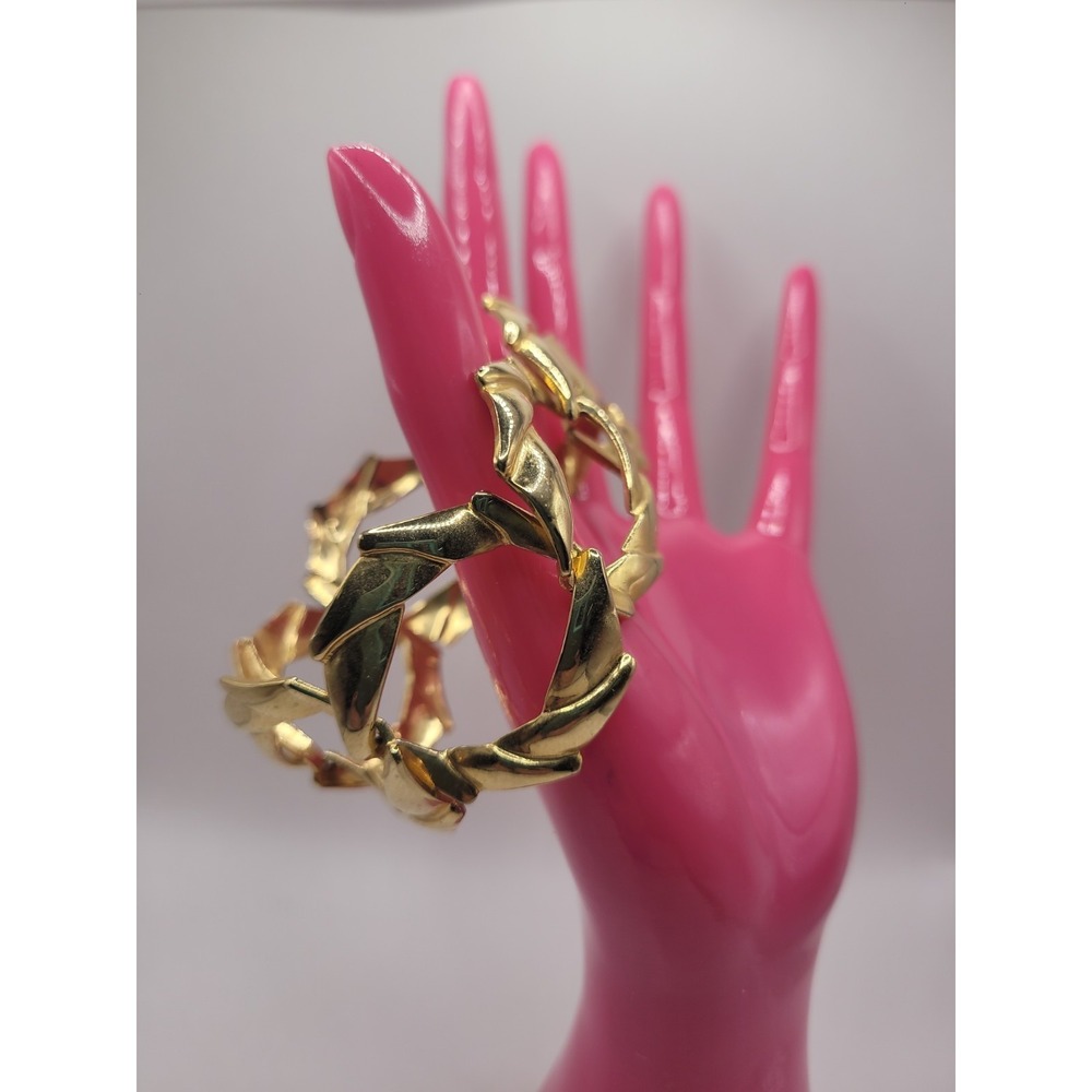 Vintage Gold Tone Geometric Link Bracelet Fold Over Clasp Chunky Statement Jewel